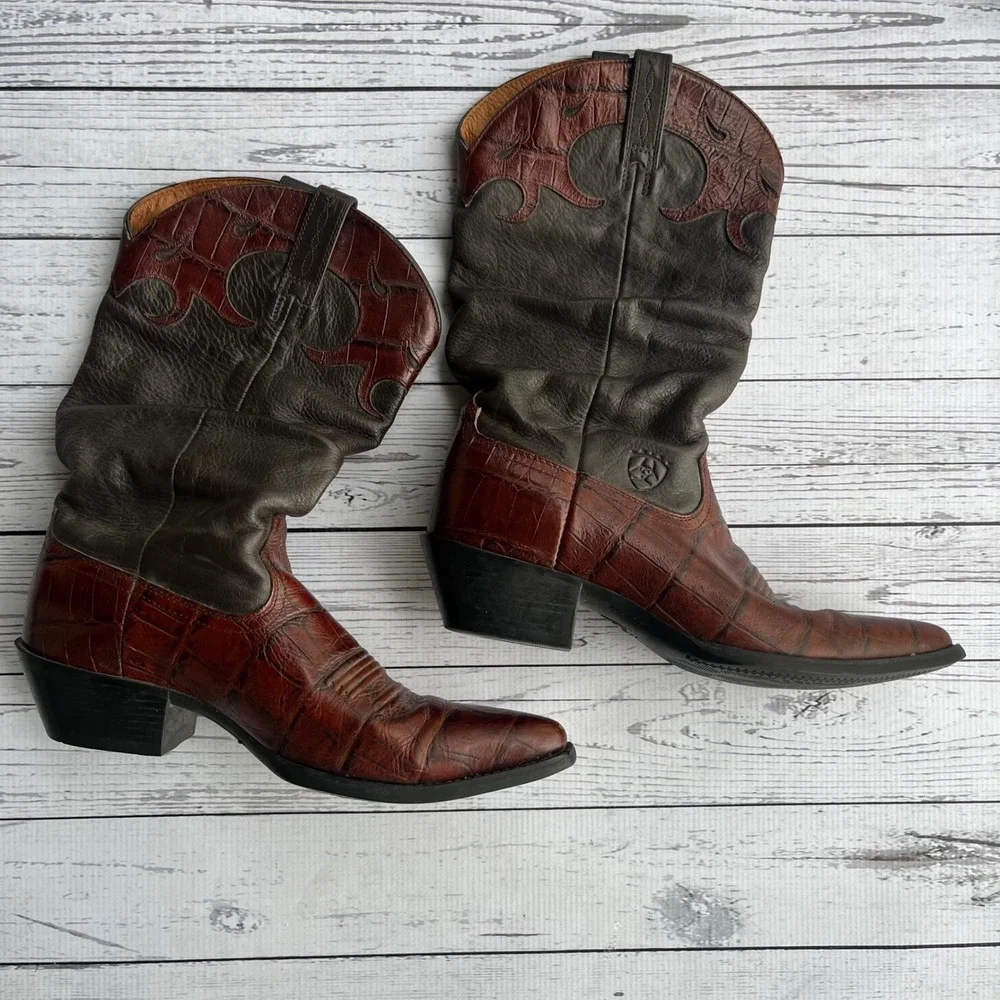 ARIAT Womens Slouch Western Cowboy Boots Cognac Croc Embossed Leather Size 8B - Picture 1 of 12